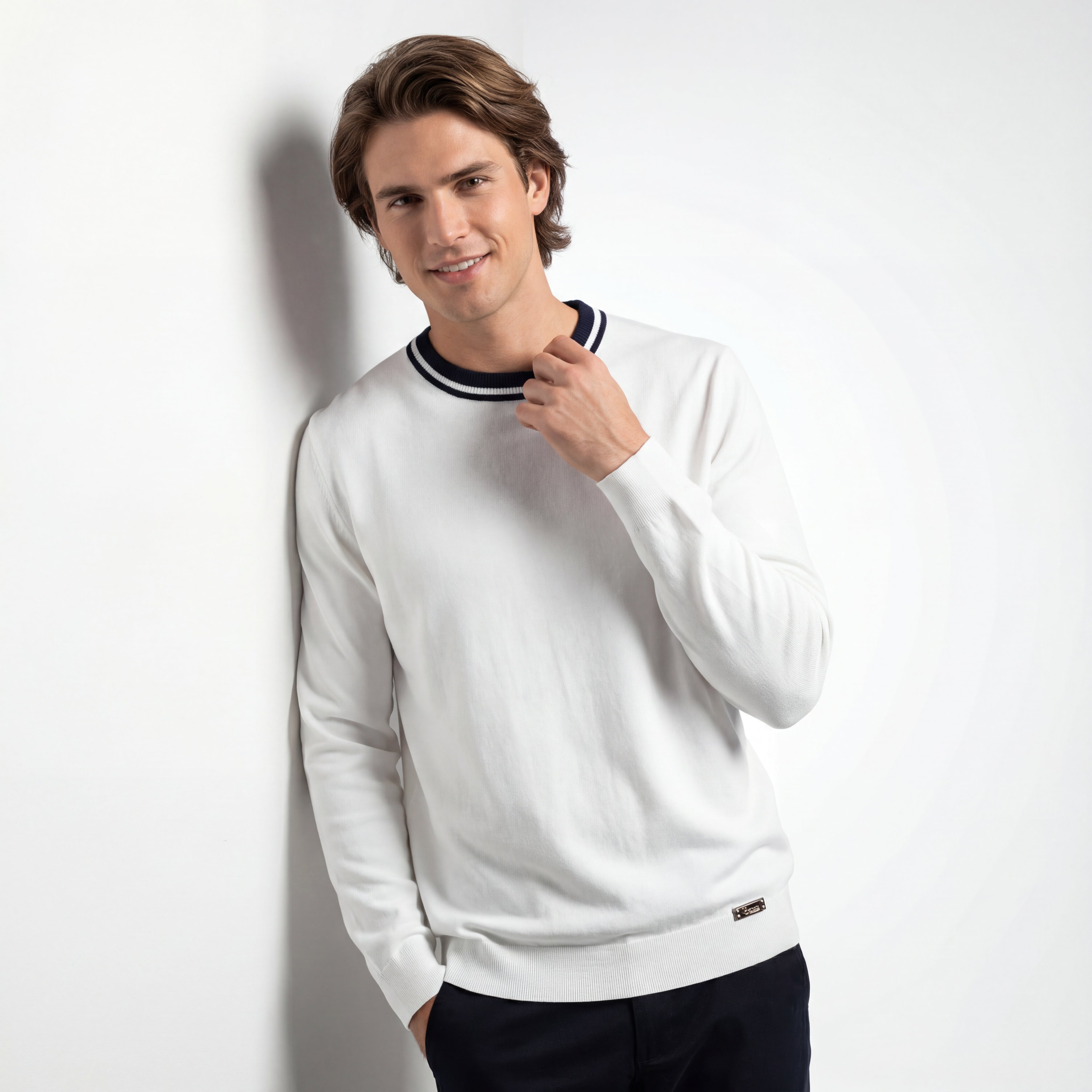 Halo Contrast Collar Knit LS WHITE