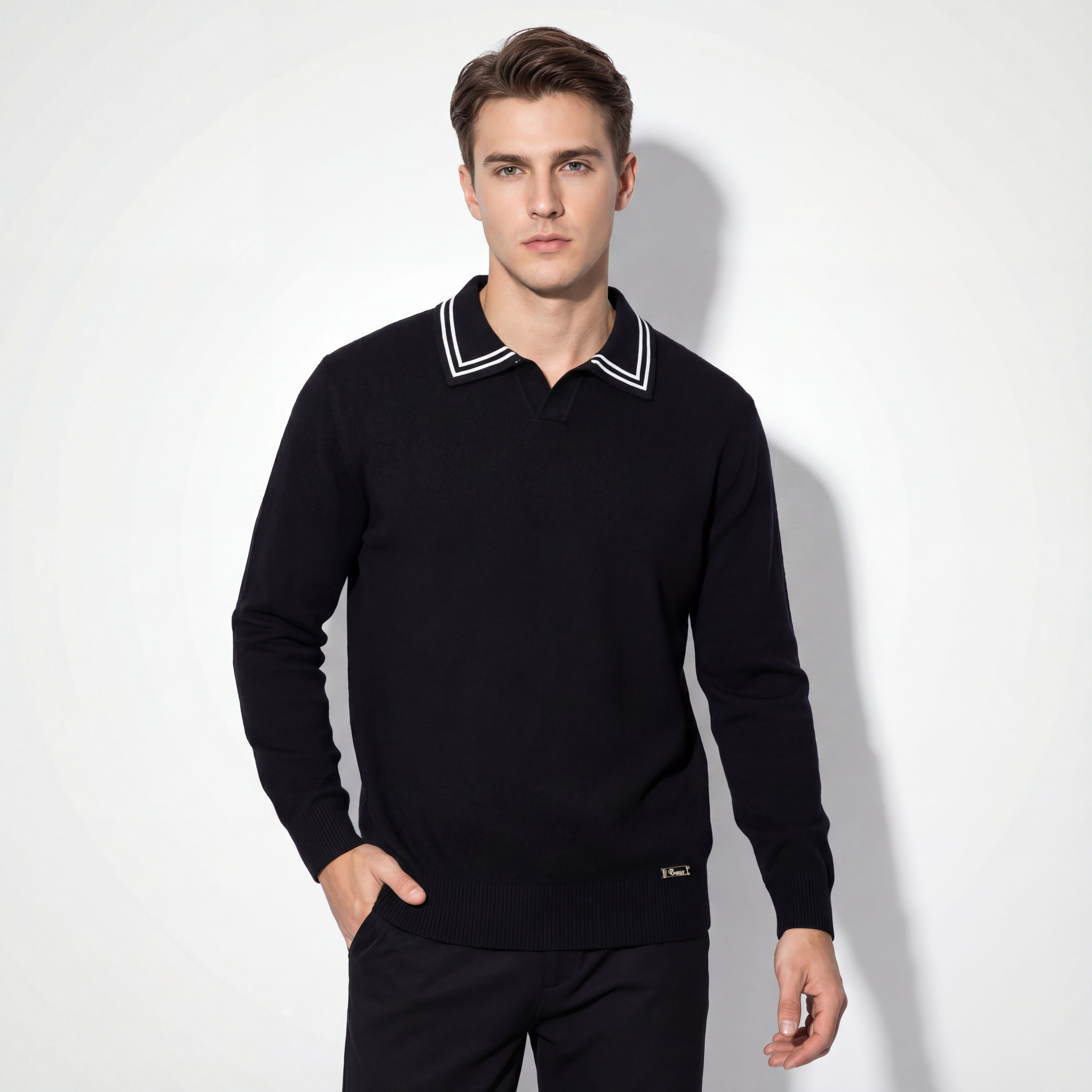 Monarch Tipped Collar Knit Polo LS BLACK