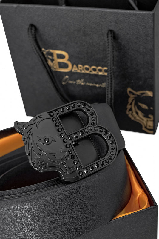 Flat Leather Auto Buckle Belt BLACK/BLACK