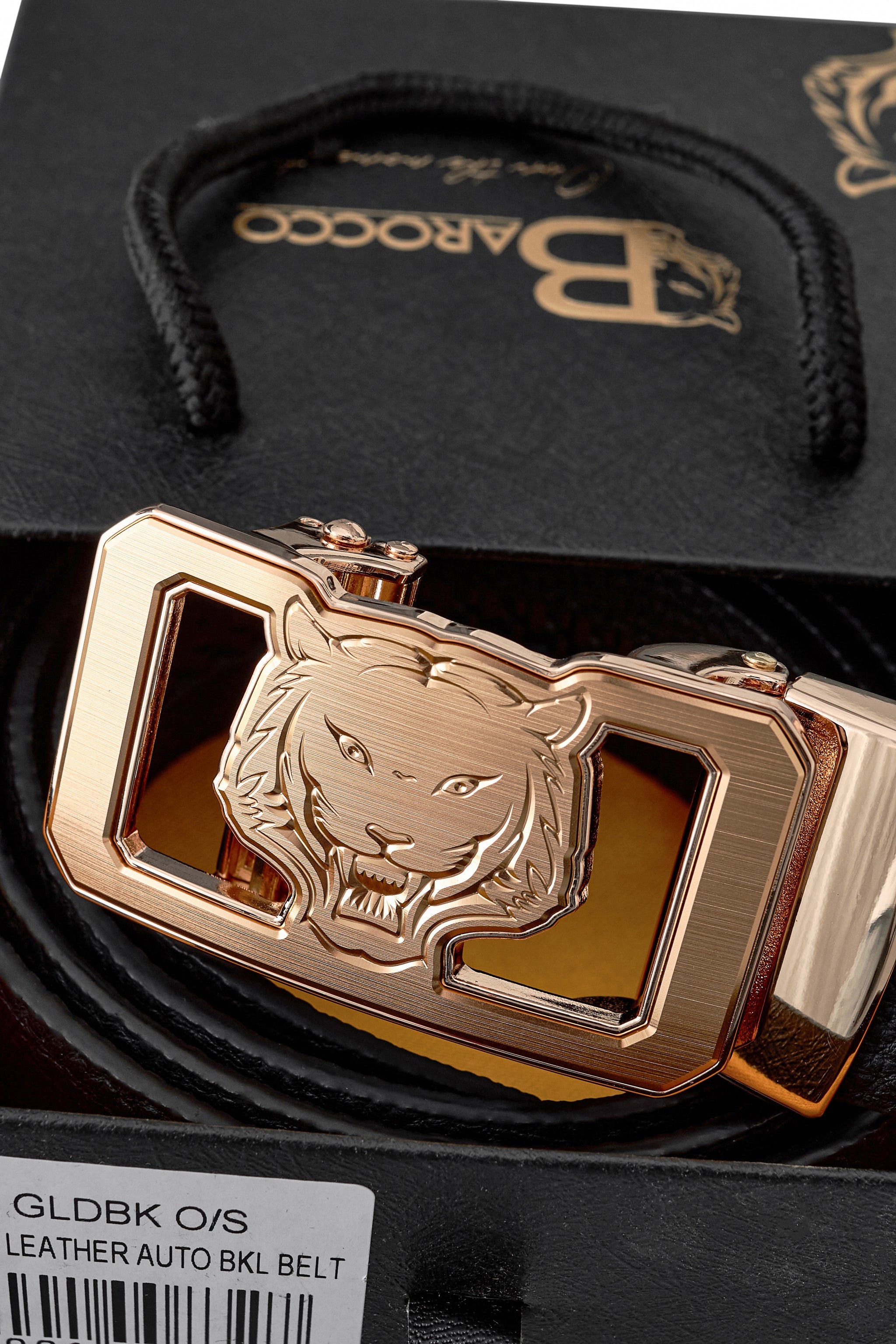 Pebbled Leather Lion Auto BKL Belt – Gold Ed. GOLD/BLACK