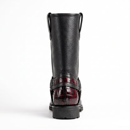 Los Altos Black Cherry Harness Crocodile Biker Boots