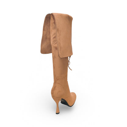 Jeffrey Campbell Beige Suede Victorian Lace-Up Knee-High Boots with Cuff