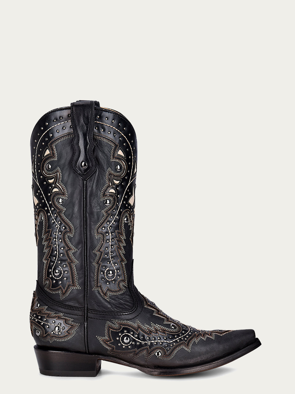 Corral Men's White Inlay Embroidered Snip Toe Black Cowboy Boots - Dudes Boutique