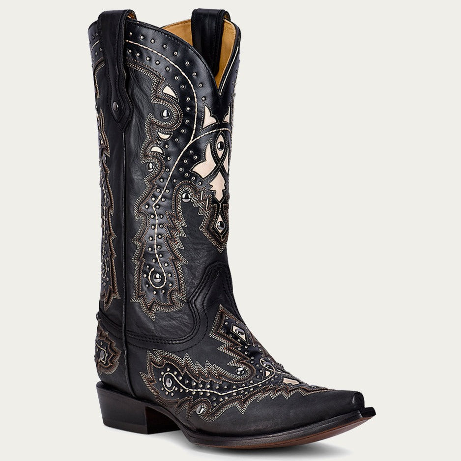 Corral Men's White Inlay Embroidered Snip Toe Black Cowboy Boots - Dudes Boutique