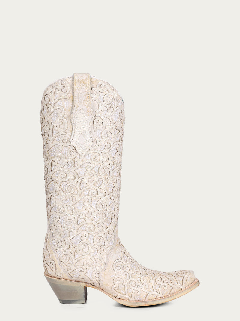 Corral Boots Women's White Glitter Overlay And Embroidery Triad Snip Toe Cowboy Boot - Dudes Boutique
