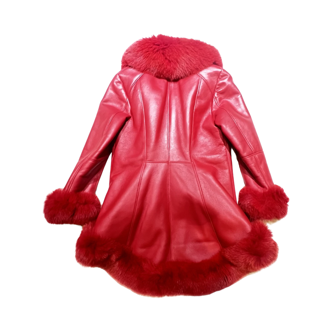 Kashani Ladies Red Fox Cropped Long Trench Shearling Coat - Dudes Boutique