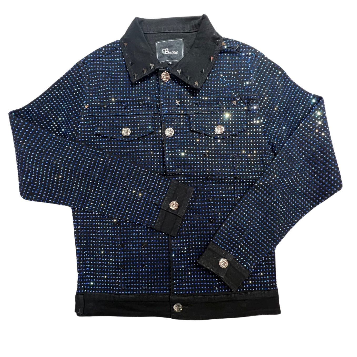 Barocco Black Fully Loaded Blue Crystal Spiked Jean Jacket - Dudes Boutique