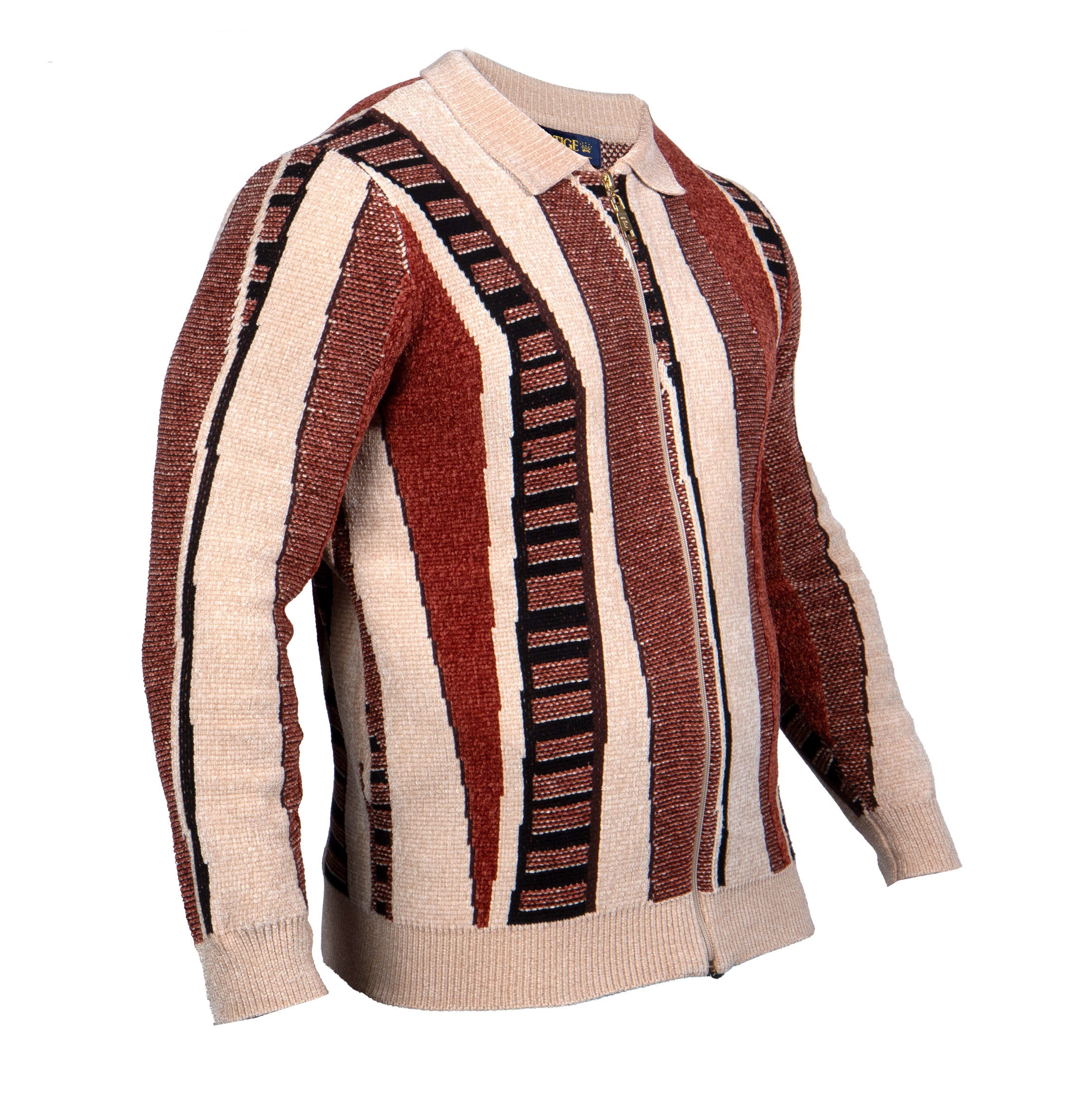 Prestige Beige and Rust Stripe Knit Full-Zip Polo Sweater