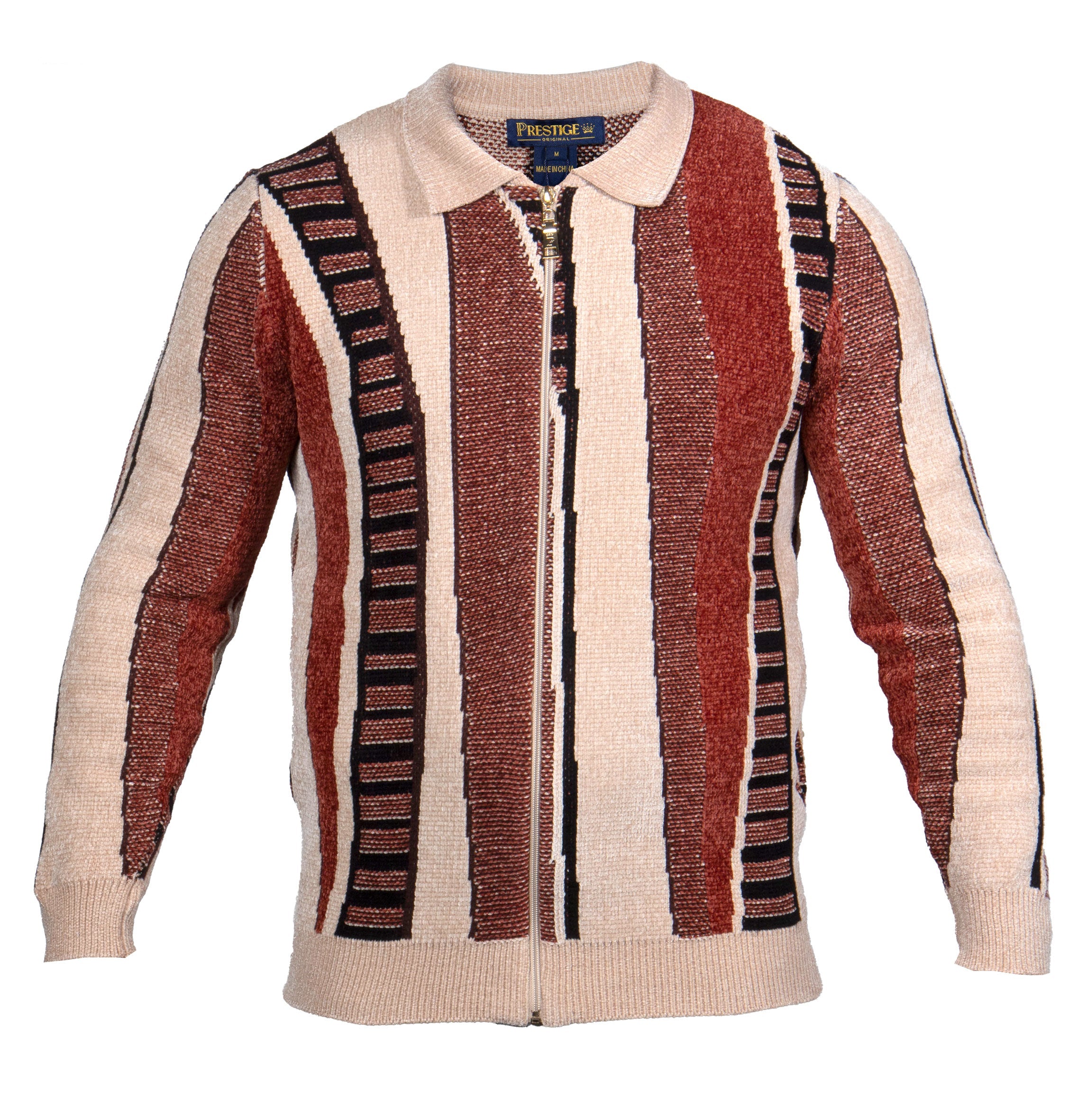 Prestige Beige and Rust Stripe Knit Full-Zip Polo Sweater