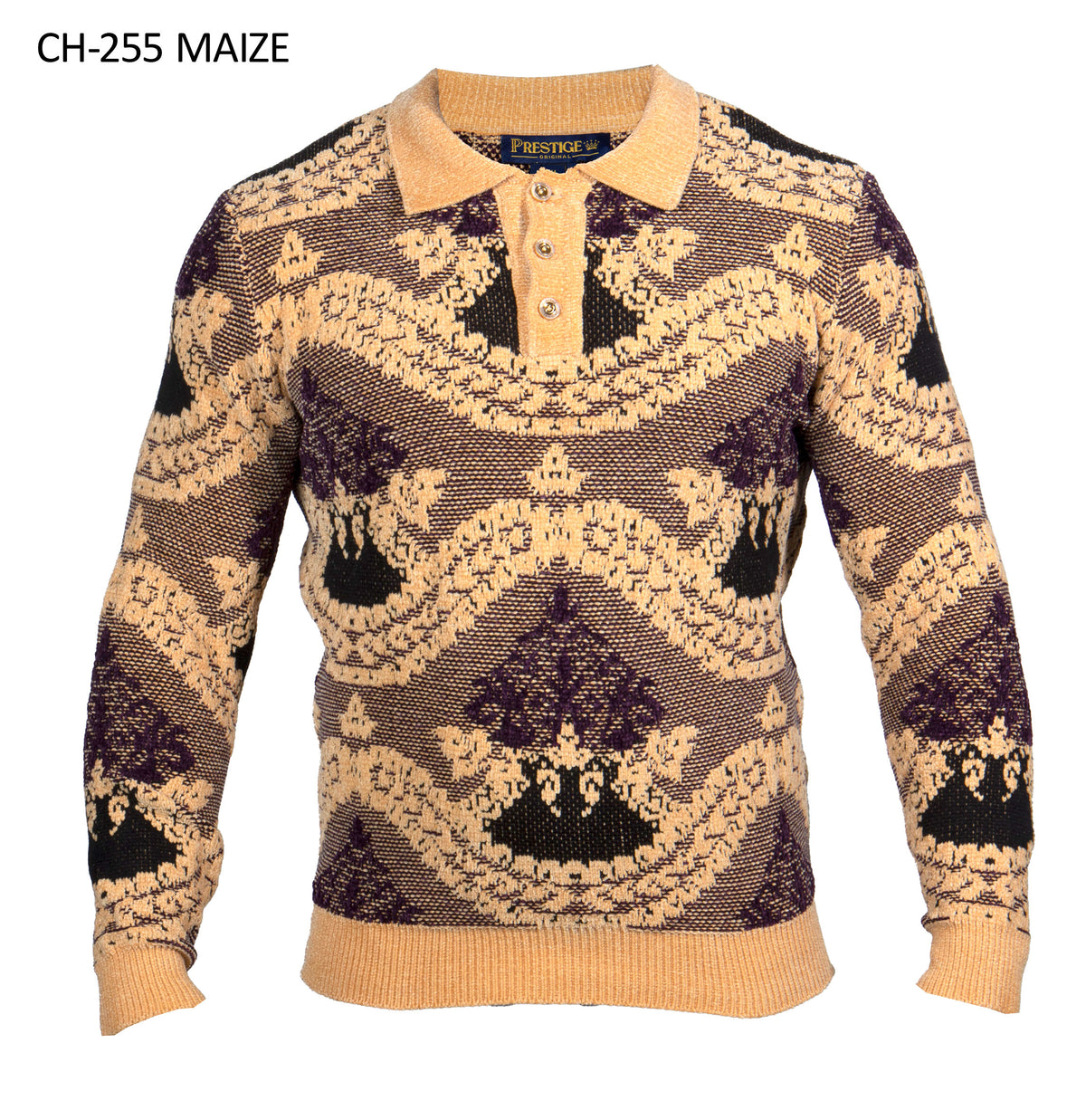 Prestige CH-255 men's maize polo-collar jacquard sweater