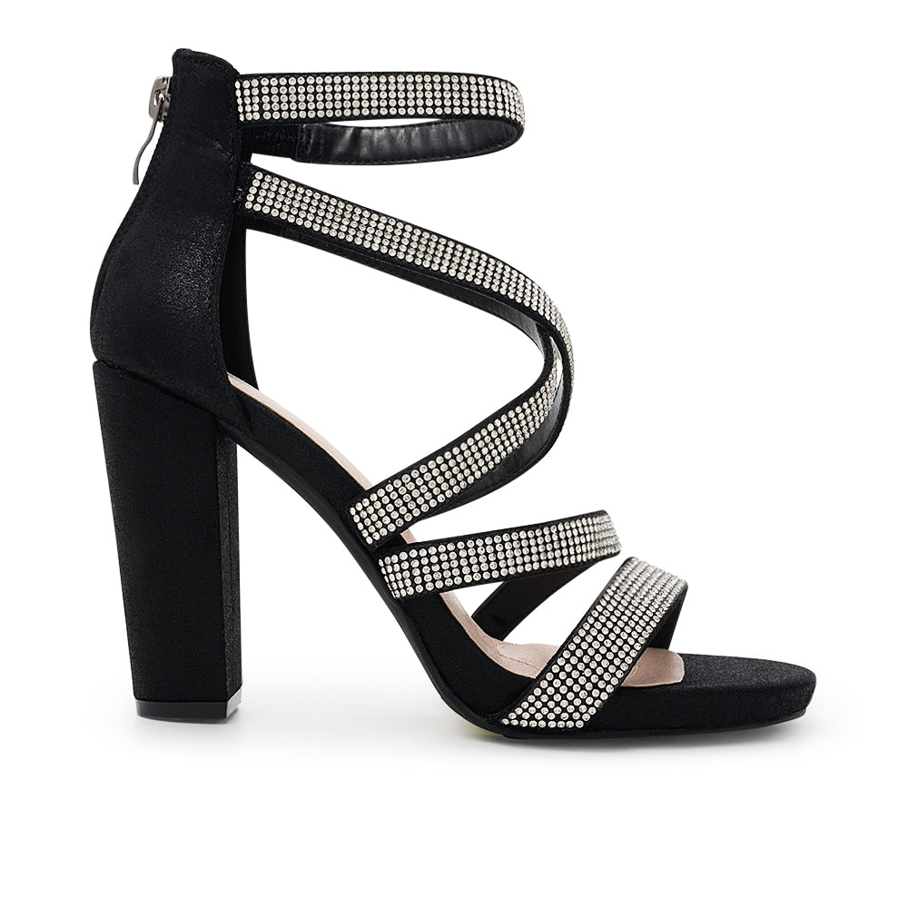 De Blossom Black Crystal Mid Block Heel - Dudes Boutique