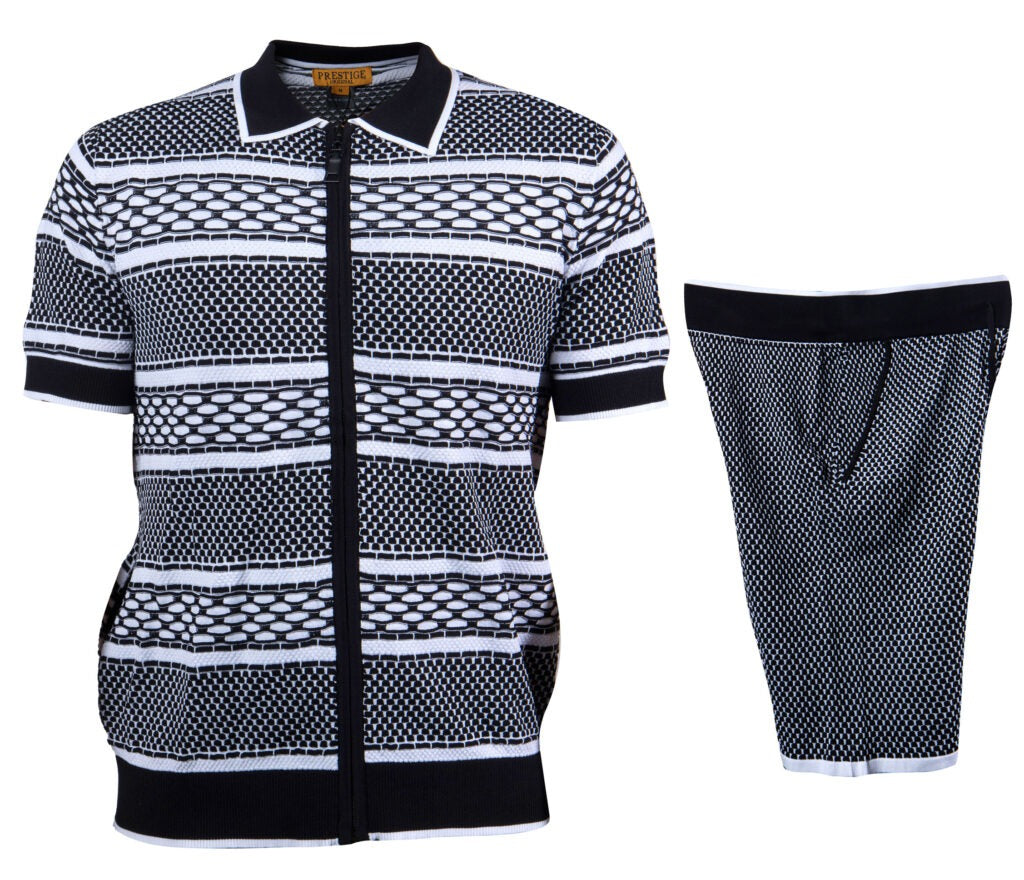 Prestige Black Knit Garter Diamonds Shorts & Shirt Set - Dudes Boutique