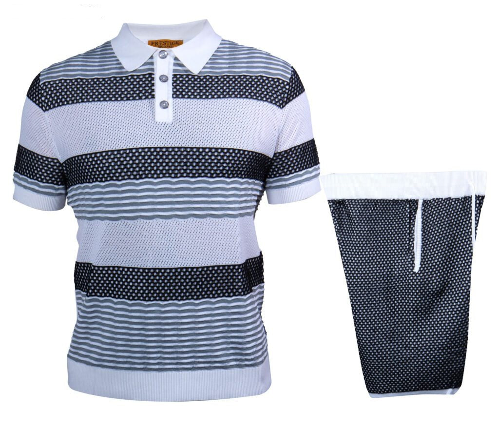 Prestige Black Knit Stripe Shorts & Shirt Set