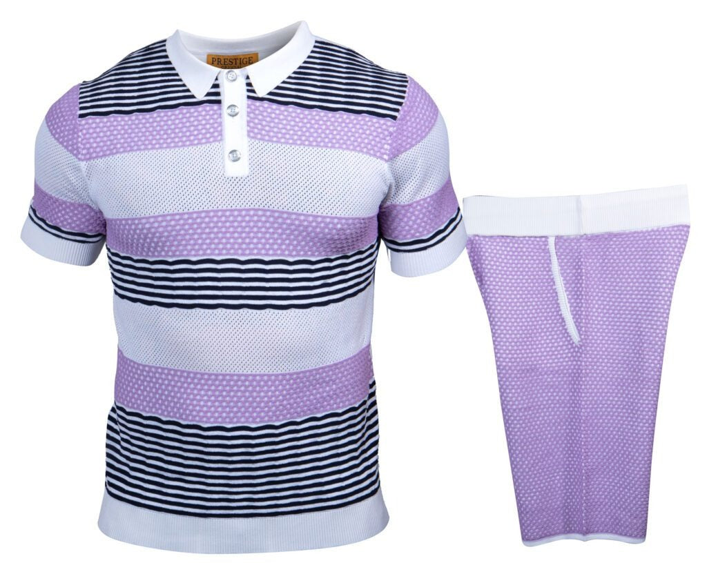 Prestige Lilac Knit Stripe Shorts & Shirt Set