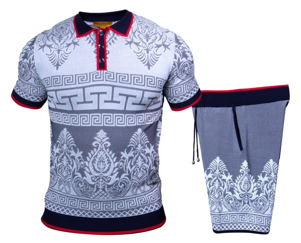 Prestige Navy Royal Greek Key Knit Shorts & Shirt Set
