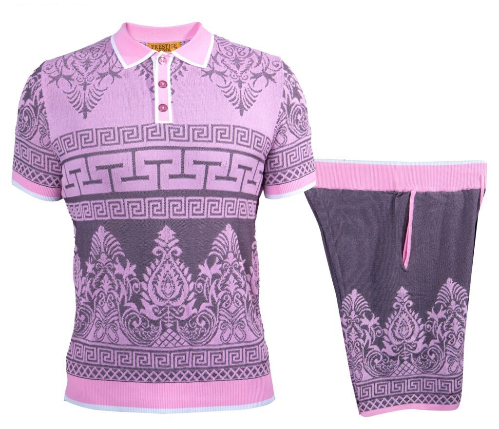 Prestige Pink Royal Greek Key Knit Shorts & Shirt Set - Dudes Boutique