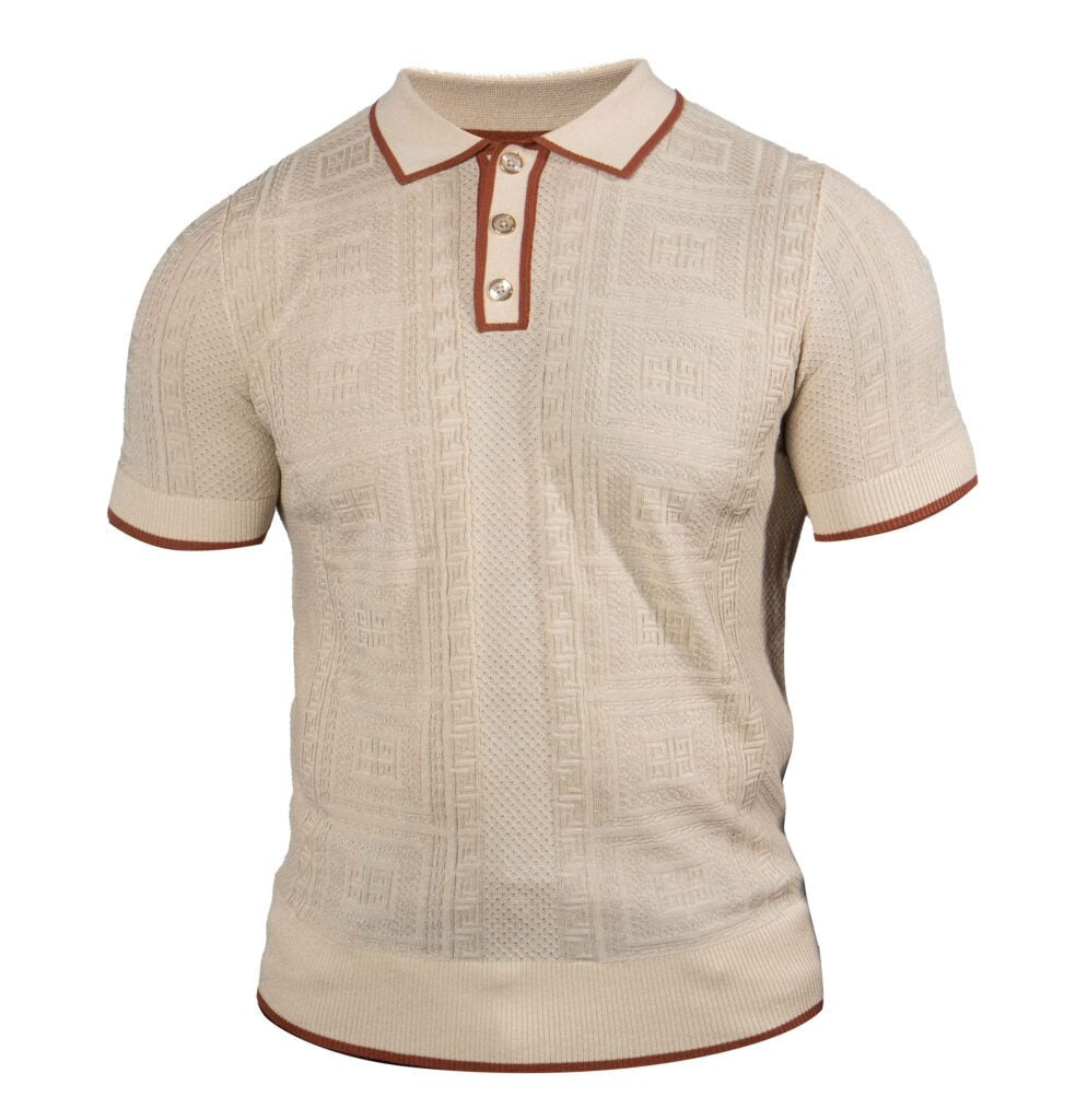 Prestige Oatmeal Greek Key Knit Button Polo Shirt - Dudes Boutique