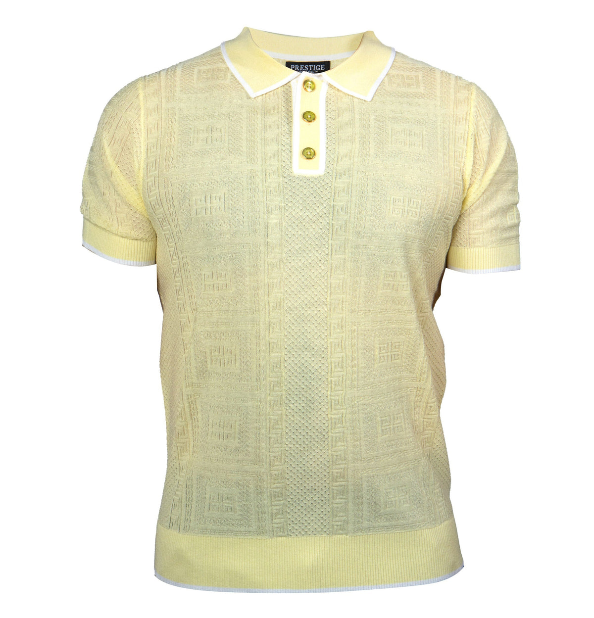 Prestige Yellow Greek Key Knit Button Polo Shirt - Dudes Boutique