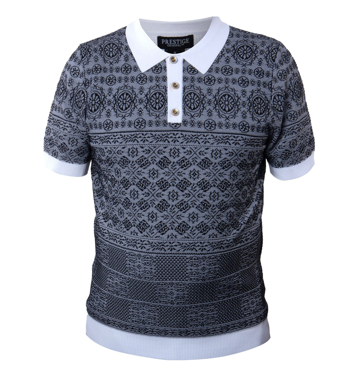 Prestige Black & White Hieroglyphics Knit Button Polo Shirt - Dudes Boutique