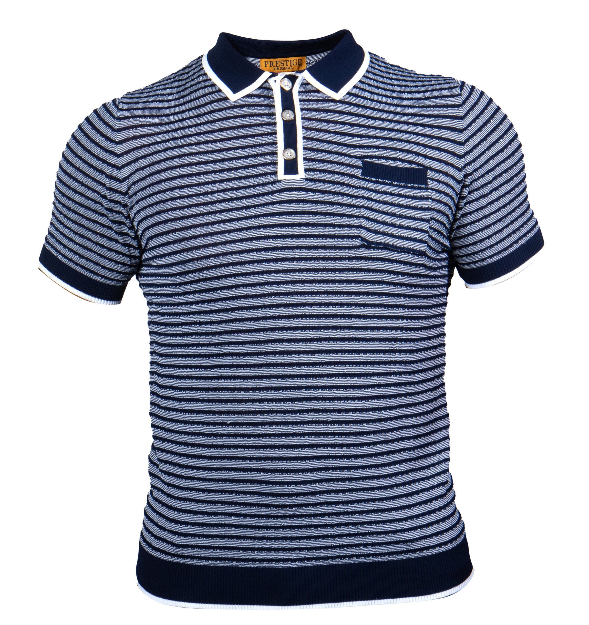 Prestige Navy & White Stripe Knit Button Polo Shirt - Dudes Boutique