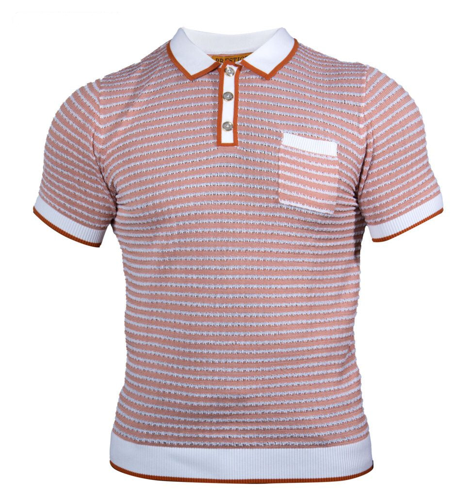 Prestige Cognac & White Stripe Knit Button Polo Shirt - Dudes Boutique