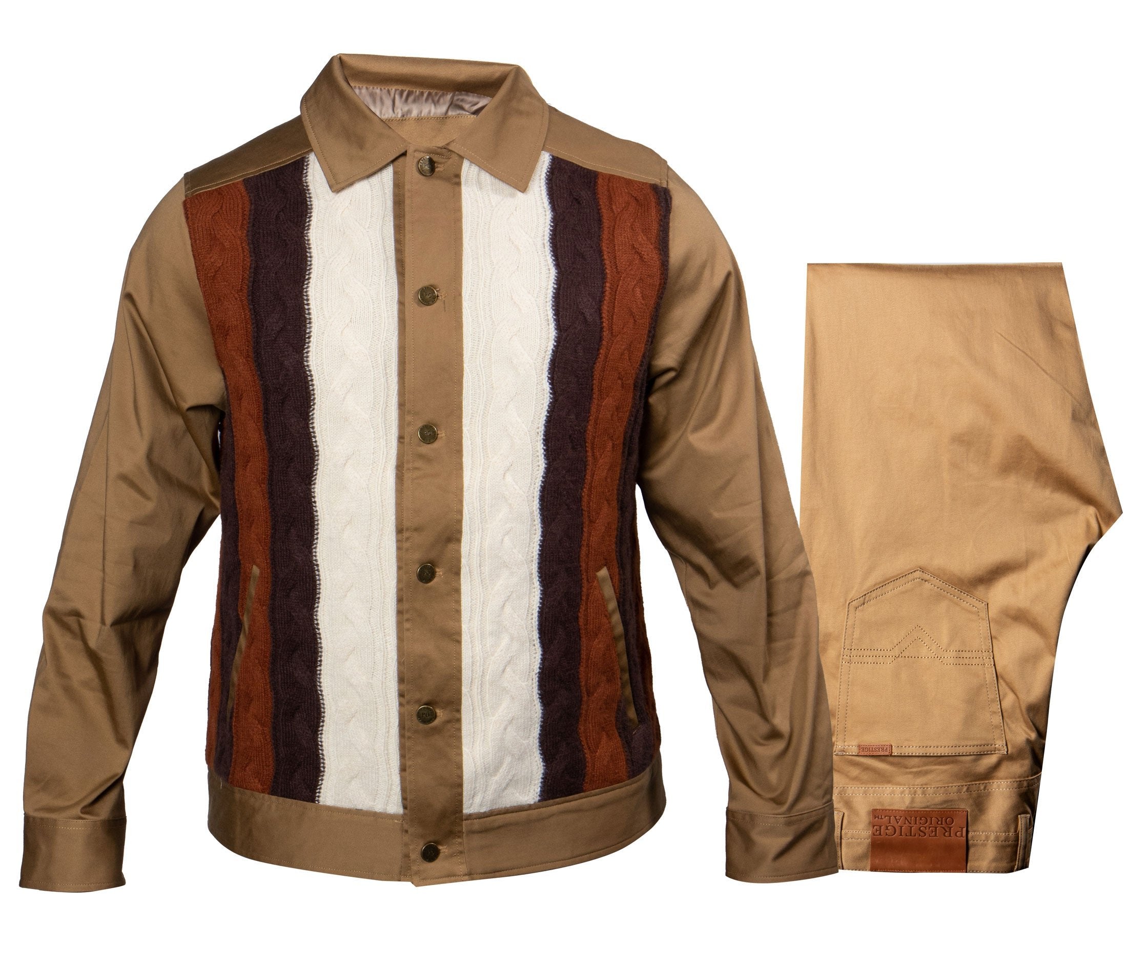 Prestige Khaki Cable Knit Button Up Shirt & Pant Set - Dudes Boutique