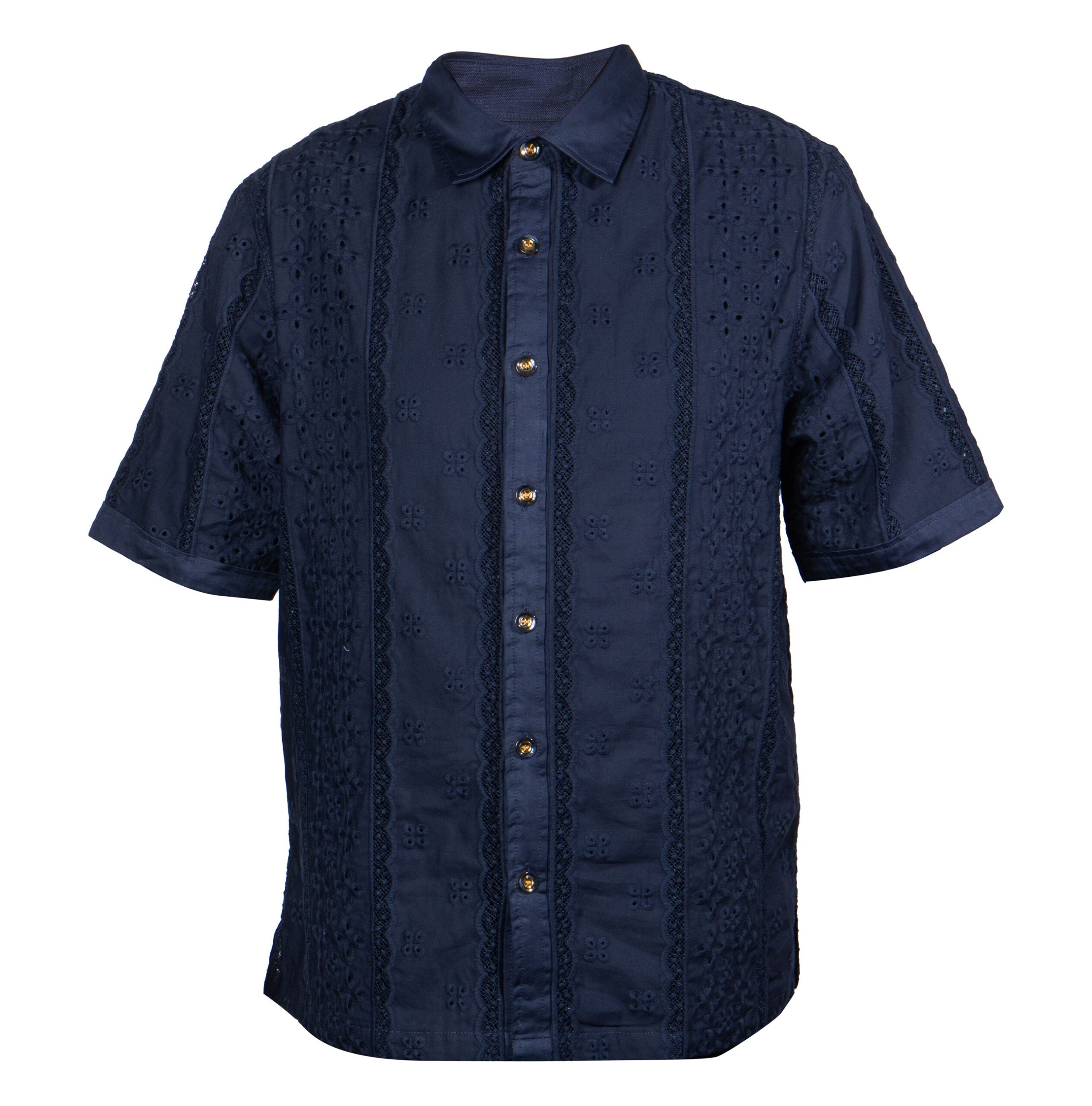 Prestige Navy Short Sleeve Embroidered Button-Up Shirt