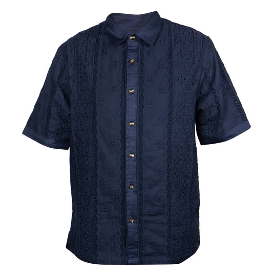 Prestige Navy Short Sleeve Embroidered Button-Up Shirt - Dudes Boutique