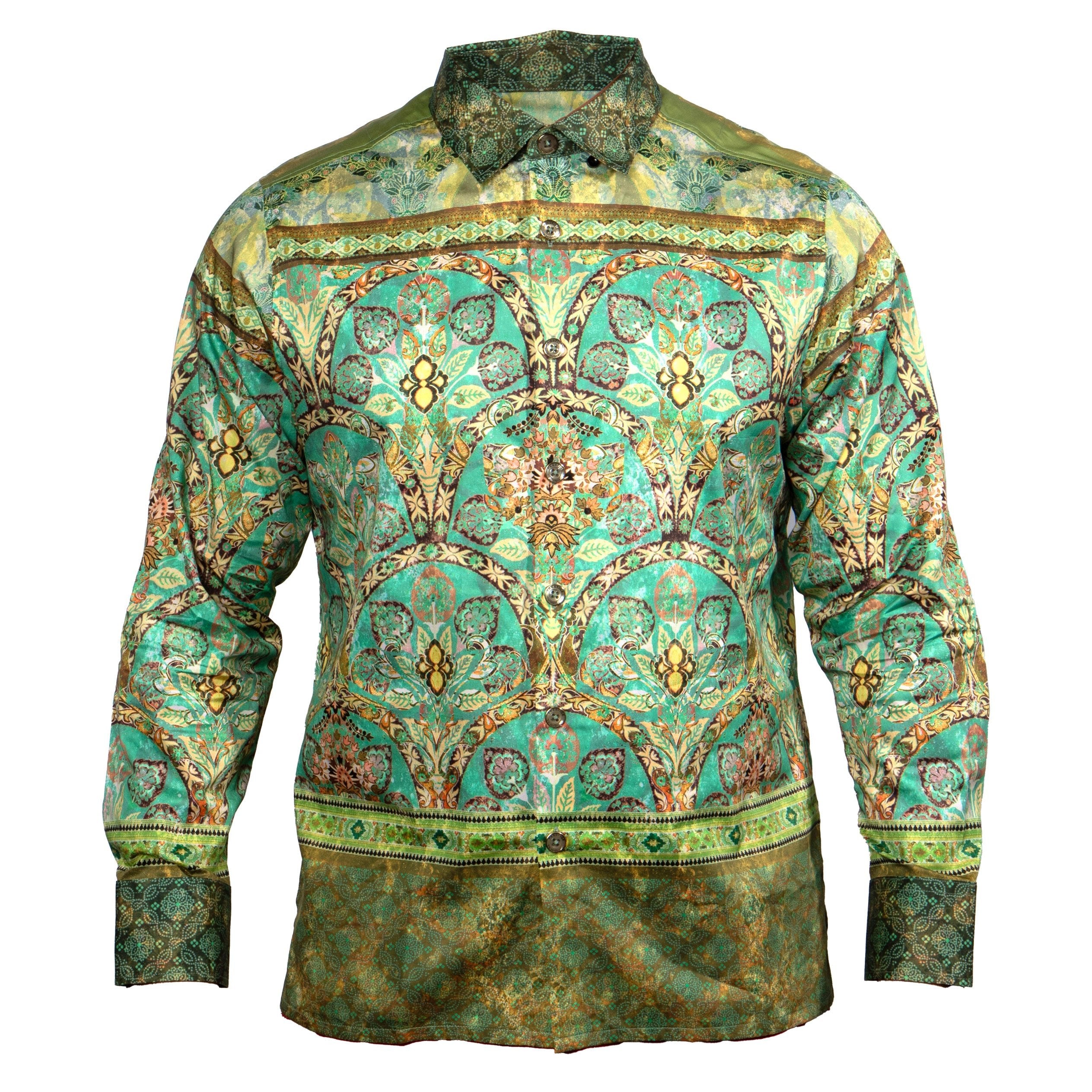 Prestige Green Ornamental Motif Button Up Shirt - Dudes Boutique