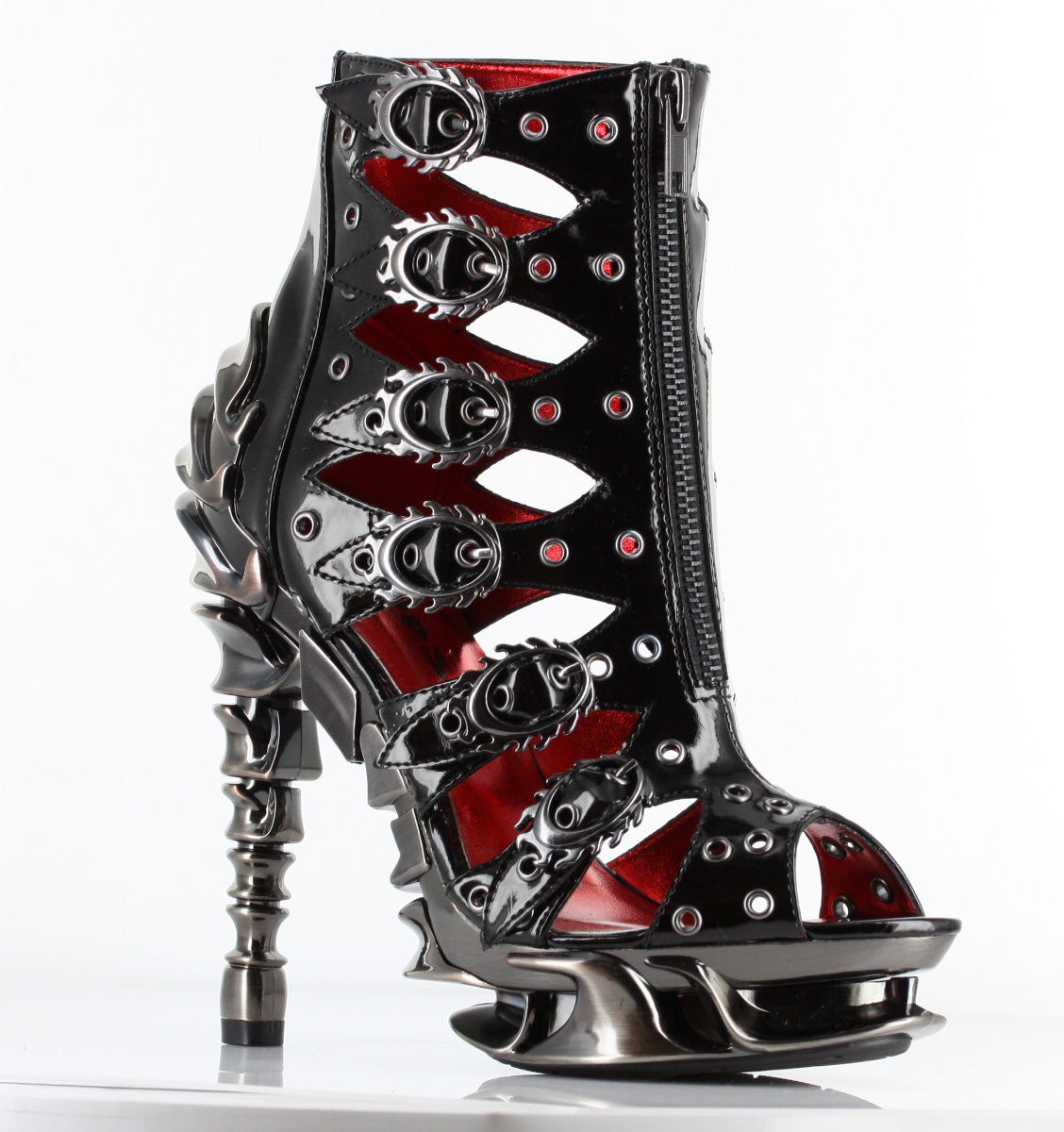 Hades Crimson black patent buckle bootie with chrome spinal heel
