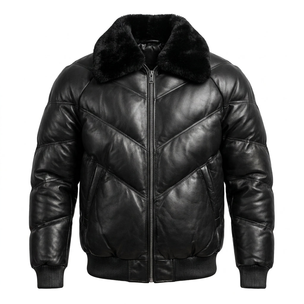 Kashani Black V Quilted Bomber Jacket w/ Sheepskin Collar