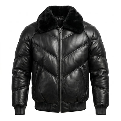 Kashani Black V Quilted Bomber Jacket w/ Sheepskin Collar