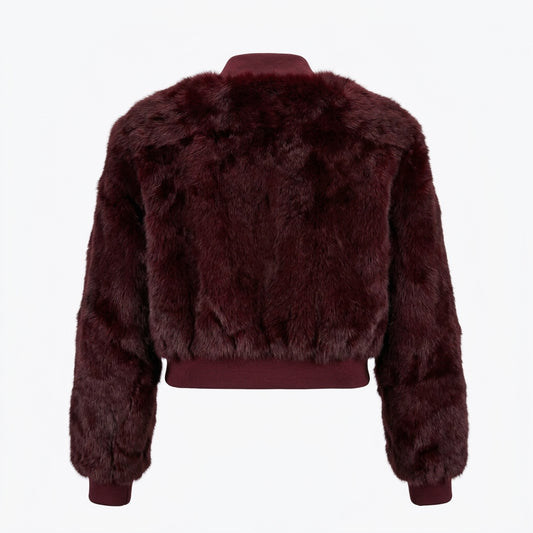 Kashani Women’s Burgundy Rabbit Cropped Bomber Jacket