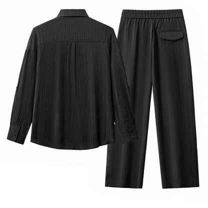 Crinkle Texture Shirt & Pant Set BLACK