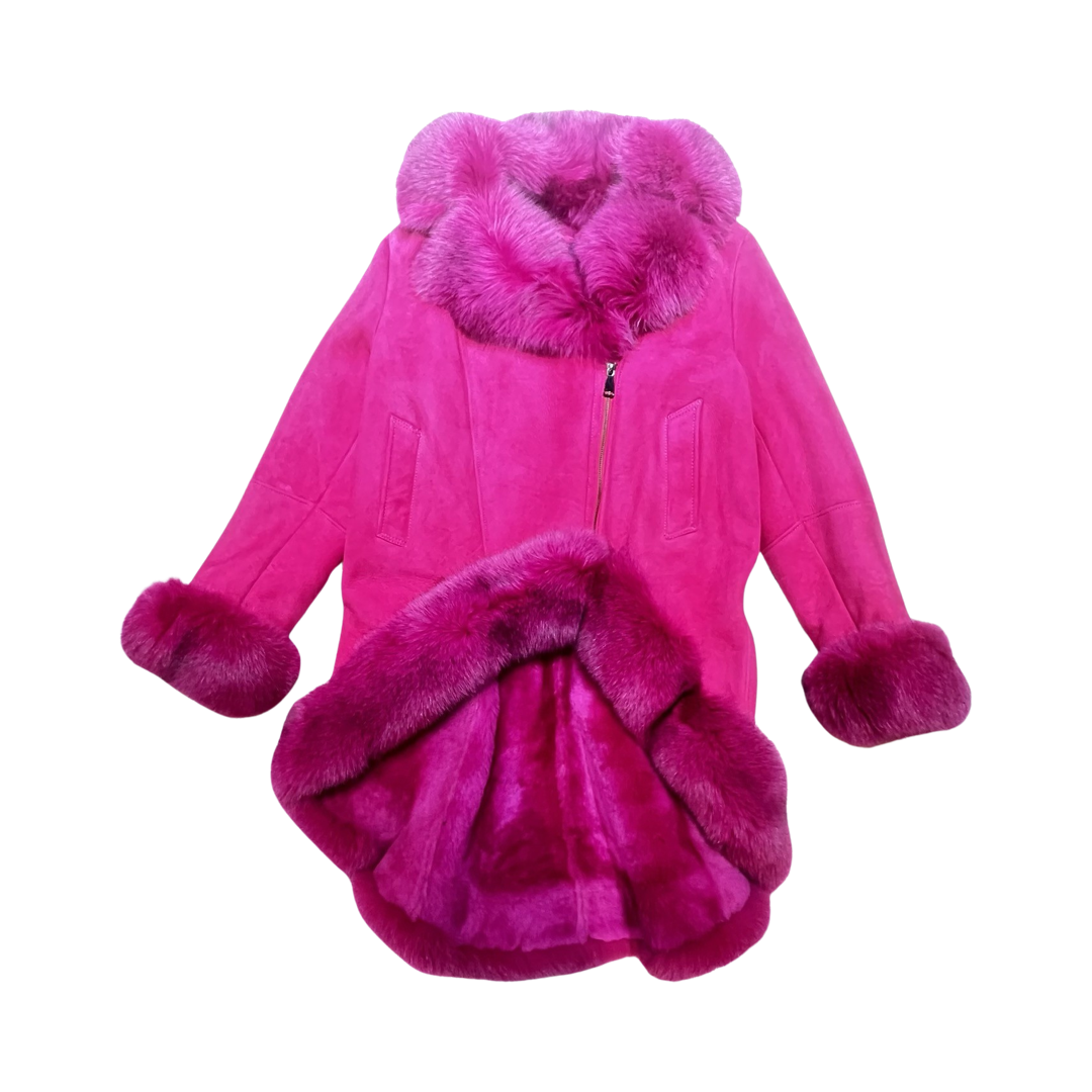 Kashani Ladies Pink Fox Cropped Long Trench Shearling Coat - Dudes Boutique