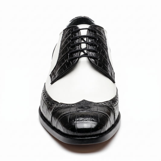 Lombardy Caiman Belly & Calfskin Wingtip Shoes -White/Black