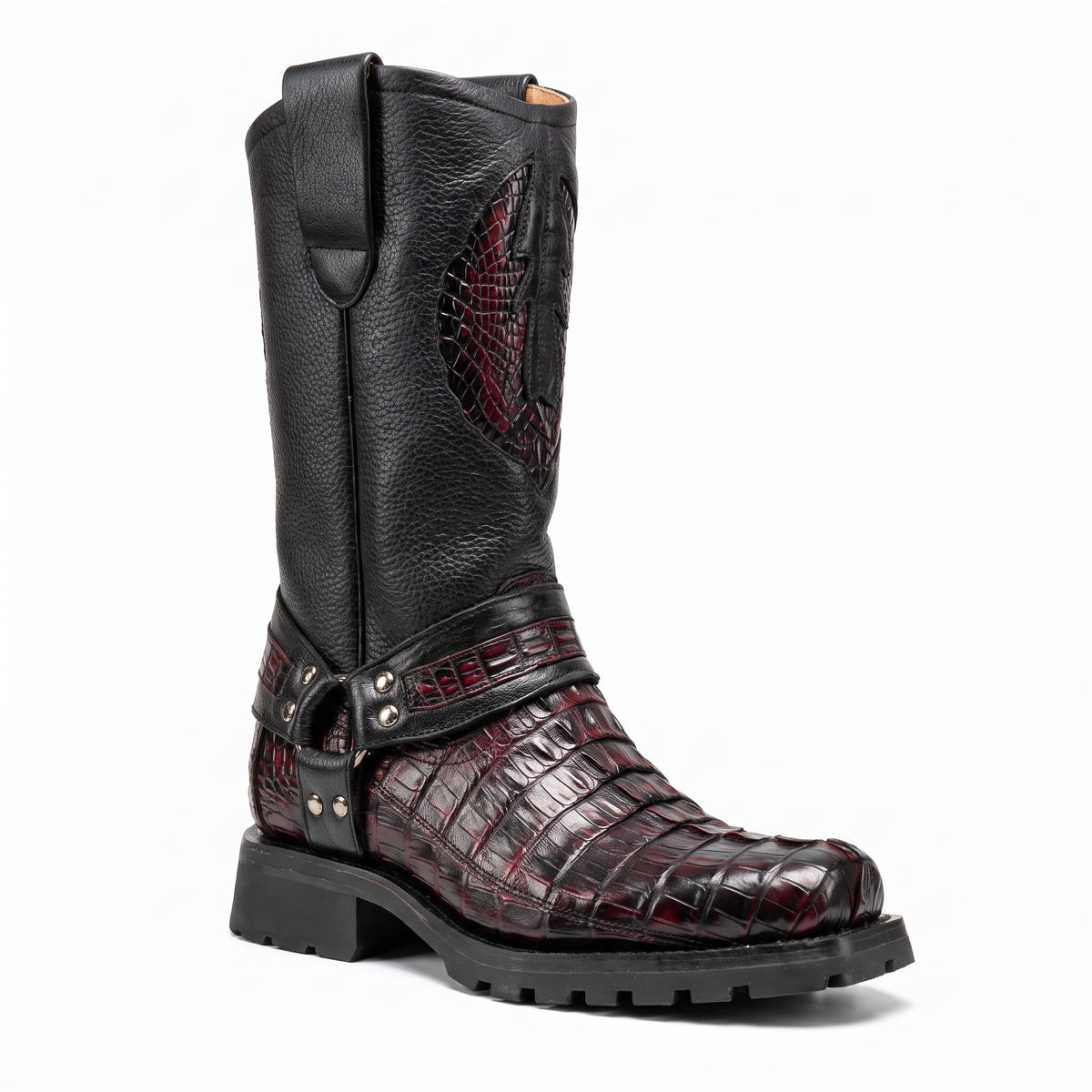 Los Altos Black Cherry Harness Crocodile Biker Boots