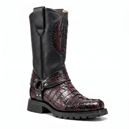 Los Altos Black Cherry Harness Crocodile Biker Boots