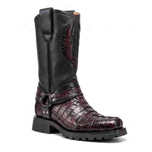 Los Altos Black Cherry Harness Crocodile Biker Boots