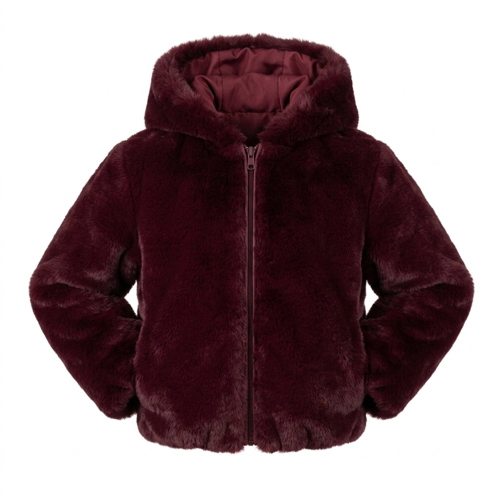 Kashani Kids maroon genuine rabbit fur hooded jacket