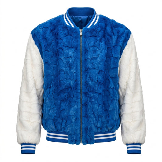 Kashani White/Blue Diamond Cut Mink Fur Bomber Jacket