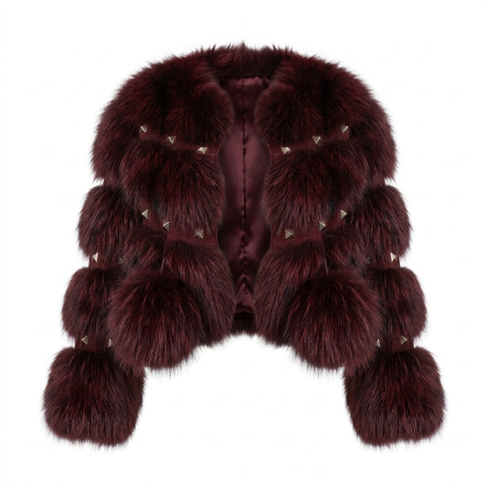 Kashani Women's Burgundy Fox Fur Jacket with Gold Pyramid Studs