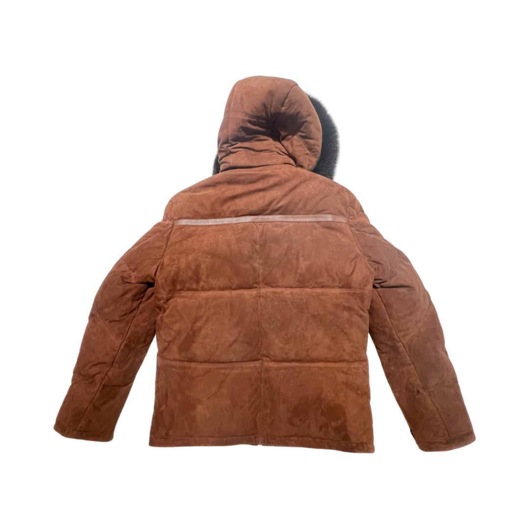 Goose Country Brown Suede Fox Fur Hooded Lambskin Puffer Jacket - Dudes Boutique