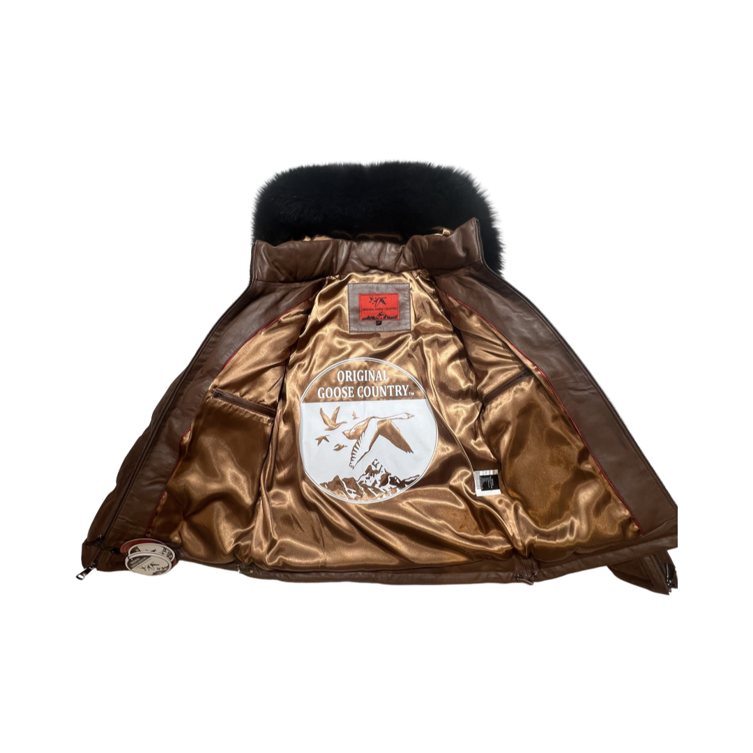 Goose Country Brown Suede Fox Fur Hooded Lambskin Puffer Jacket - Dudes Boutique