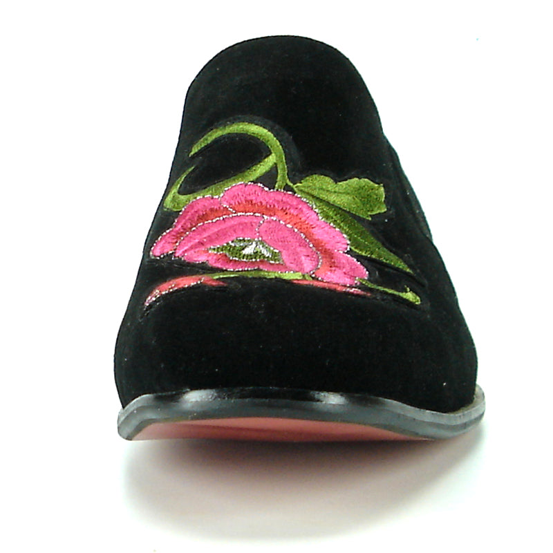 FI-7085 Black Suede with Embroidered Rose Slip on Fiesso by Aurelio Garcia