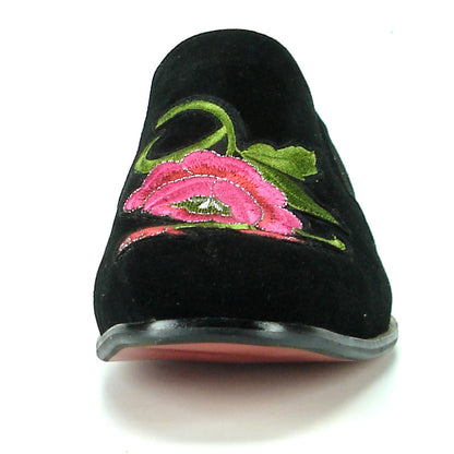 FI-7085 Black Suede with Embroidered Rose Slip on Fiesso by Aurelio Garcia