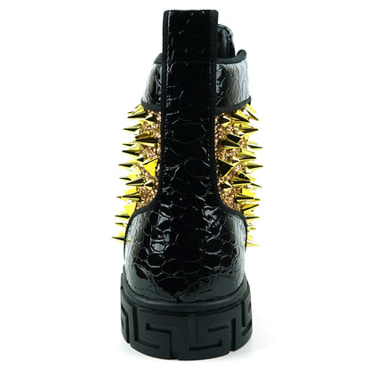 FI-2369 Black Gold Glitter Gold Spikes Lace up High top Sneaker Encore by Fiesso