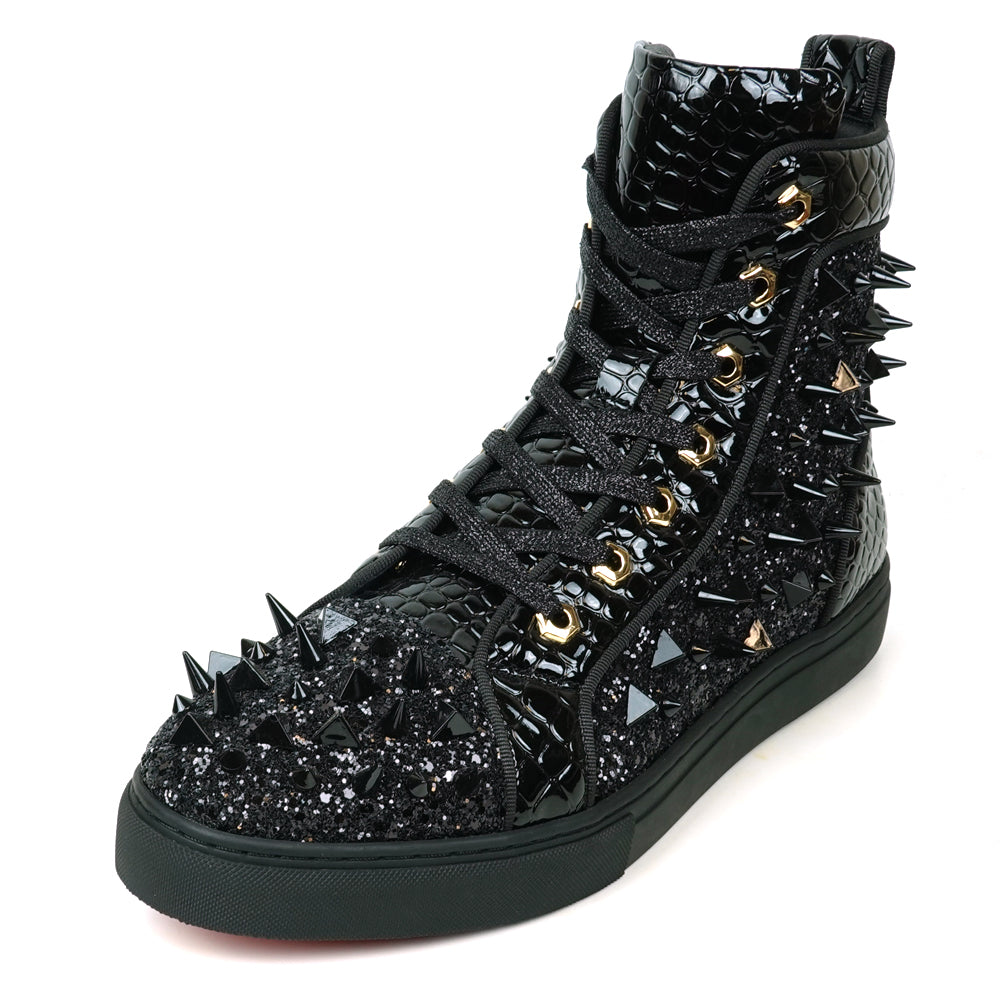 Fiesso Black Spiked Crystal High Top Sneakers