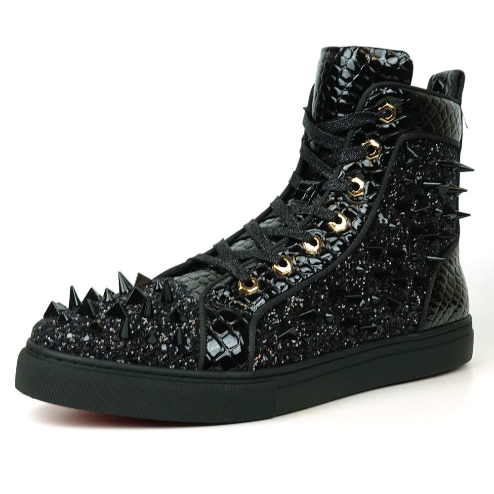 Fiesso Black Spiked Crystal High Top Sneakers - Dudes Boutique