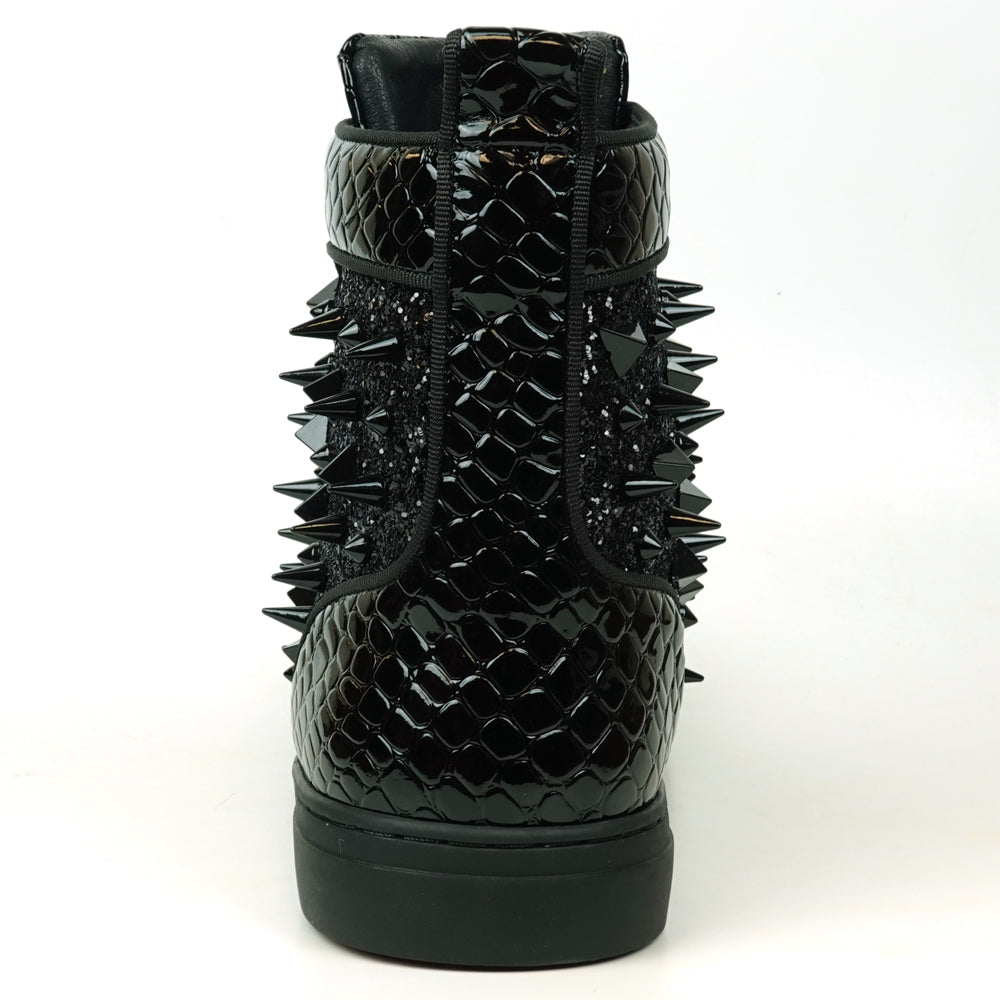 FI-2369 Black Glitter Black Spikes Lace up High top Sneaker Encore by Fiesso